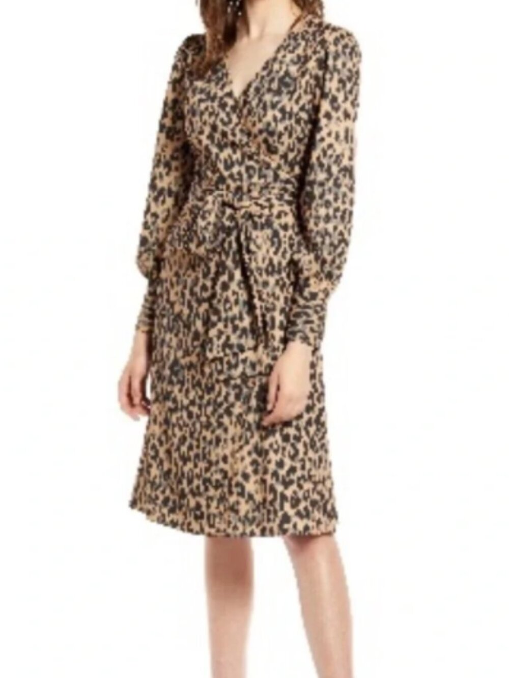 NEW Halogen Leopard Long Sleeve Wrap Dress Taupe Animal Print - Size L